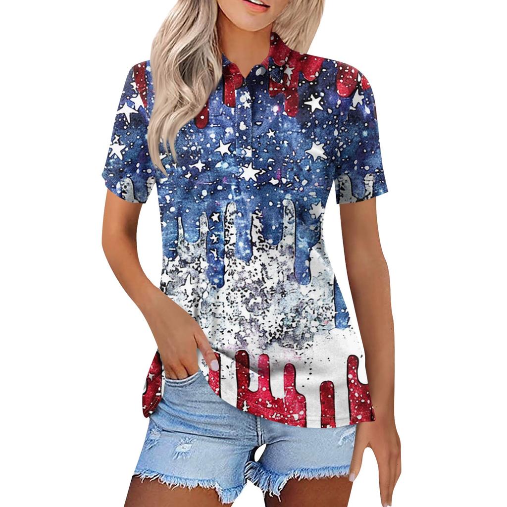 Women's Fashion Casual Lapel Short Sleeve Independence Day Printed Shirt Women's Button Up Tops