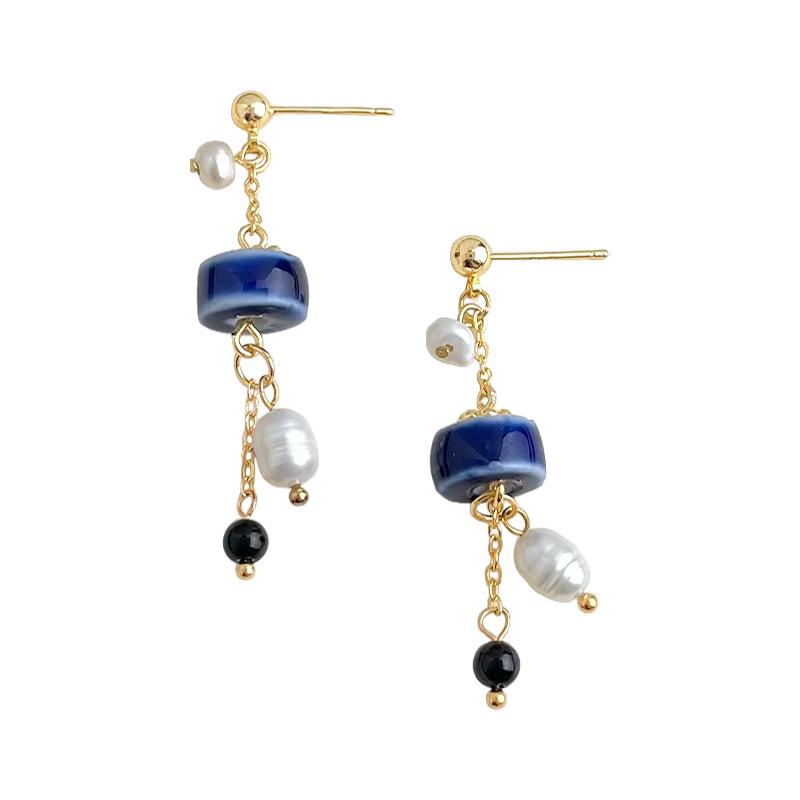 Handmade Blue Ceramic & Freshwater Pearl Tassel Earrings - Vintage Ethnic Style Jewelry for Women
