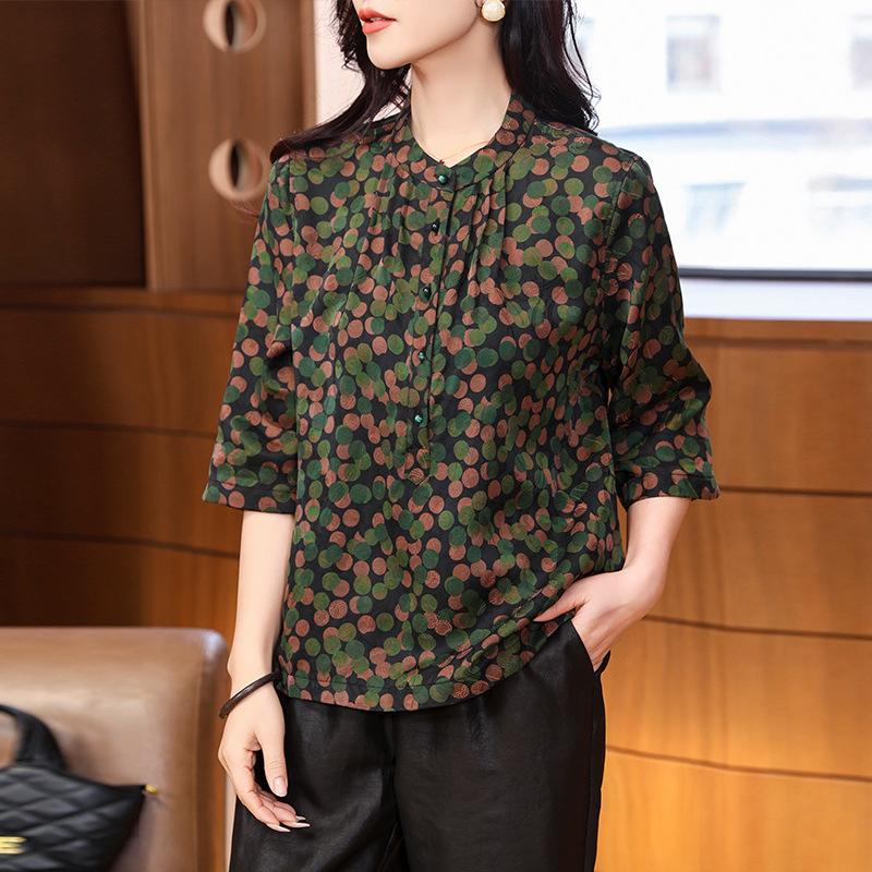 Elegant temperament flower Luo cloud yarn top women's spring and autumn new seven-quarter sleeve stand-up collar small floral mulberry silk shirt