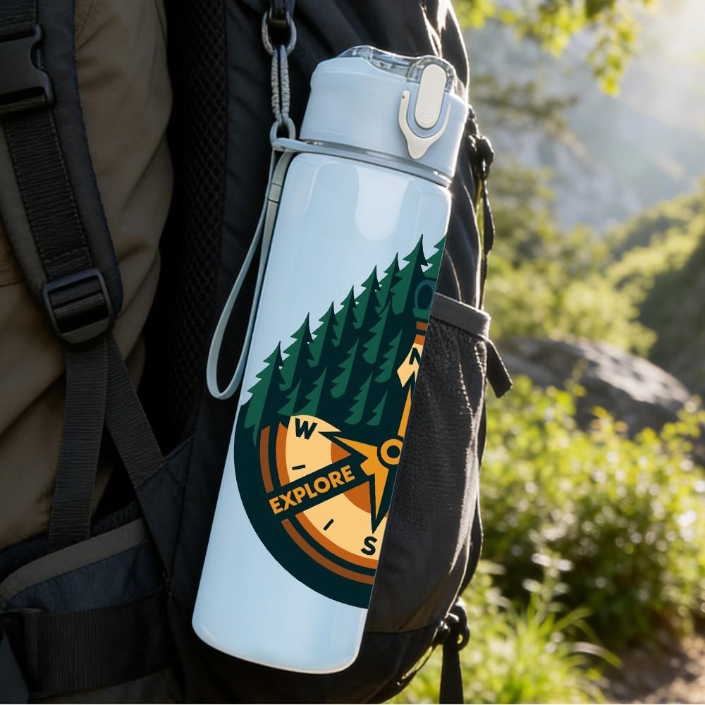 1PC Vintage Compass Outdoor Adventure Print 750ml Color Plastic Sports Water Bottle Leakproof Flip Straw Lid Suitable for Sports Office Home Use