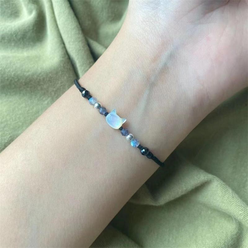 Cute Black White Cat Bracelet for Women Men Minimalist Moonstone Braided Cartoon Animal Couple Bracelet Aesthetics Party Jewelry