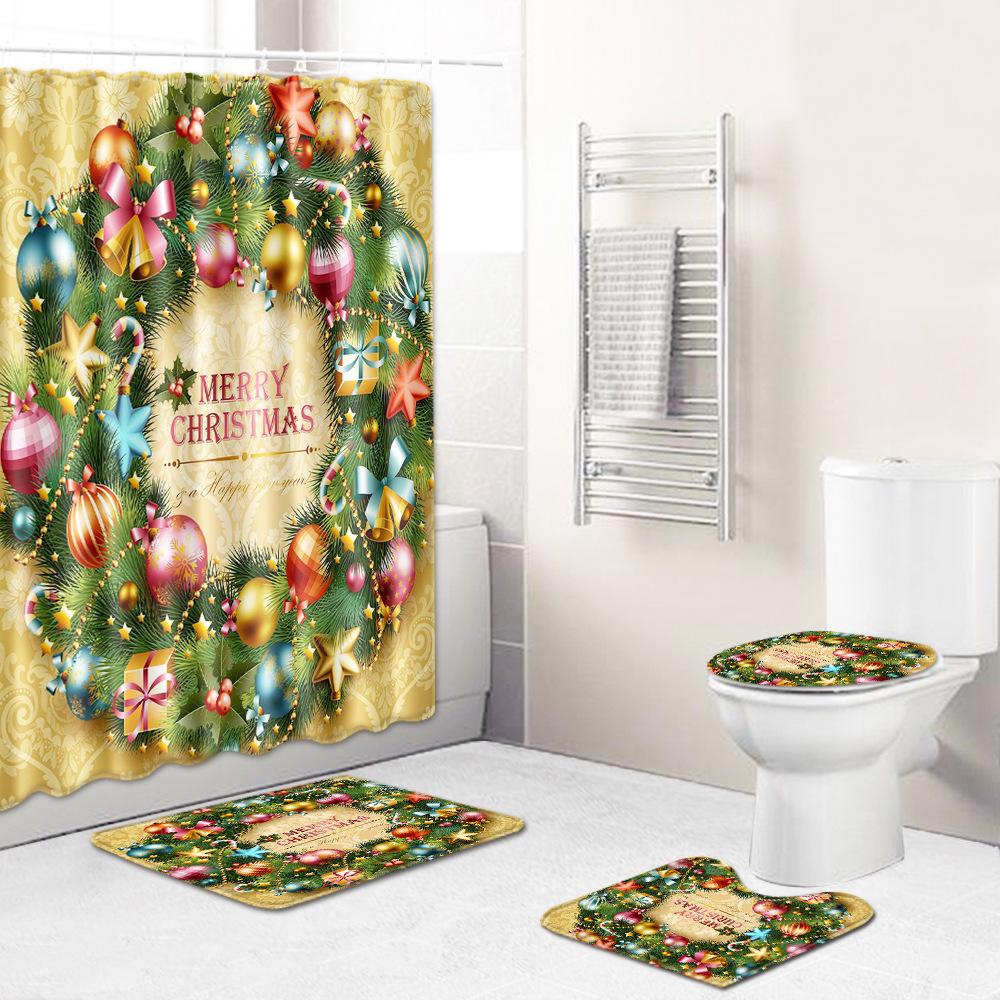 Christmas Four-Piece Shower Curtain Combination Floor Mat Set Bathroom Non-Slip Door Mat Absorbent Carpet