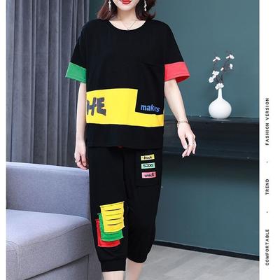 Loose Casual Sports Suit Fashion Printing Short Sleeves Cropped Pants Set Women
