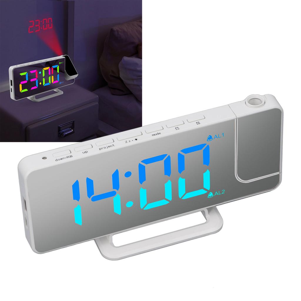 Projektionswecker, 7,4 Zoll LED-Spiegel, Digitalwecker mit Projektor, RGB-Licht und USB-C-Anschluss