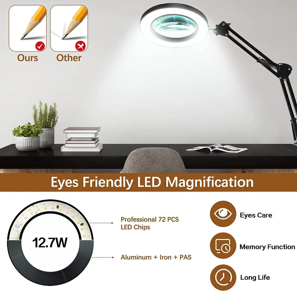 USB LED Desk Lamp with 10x Magnifying Glass 3 Color Mode Adjustable Brightness for Skin care/DIY/Precision Repair/Reading