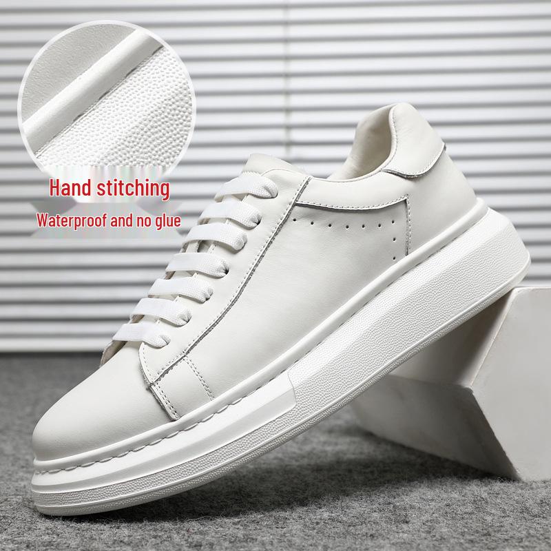 Hvite Herresneakers i Ekte Skinn, Lei Jun-stil: Lav topp, tykk såle, allsidig for jobb og sport.