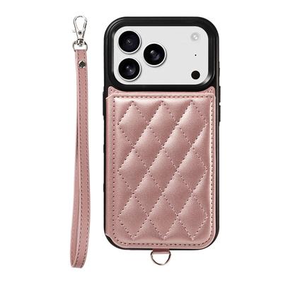 For iPhone 17 Pro Case Card Bag Kickstand Leather Coated TPU Phone Cover with Wrist Strap