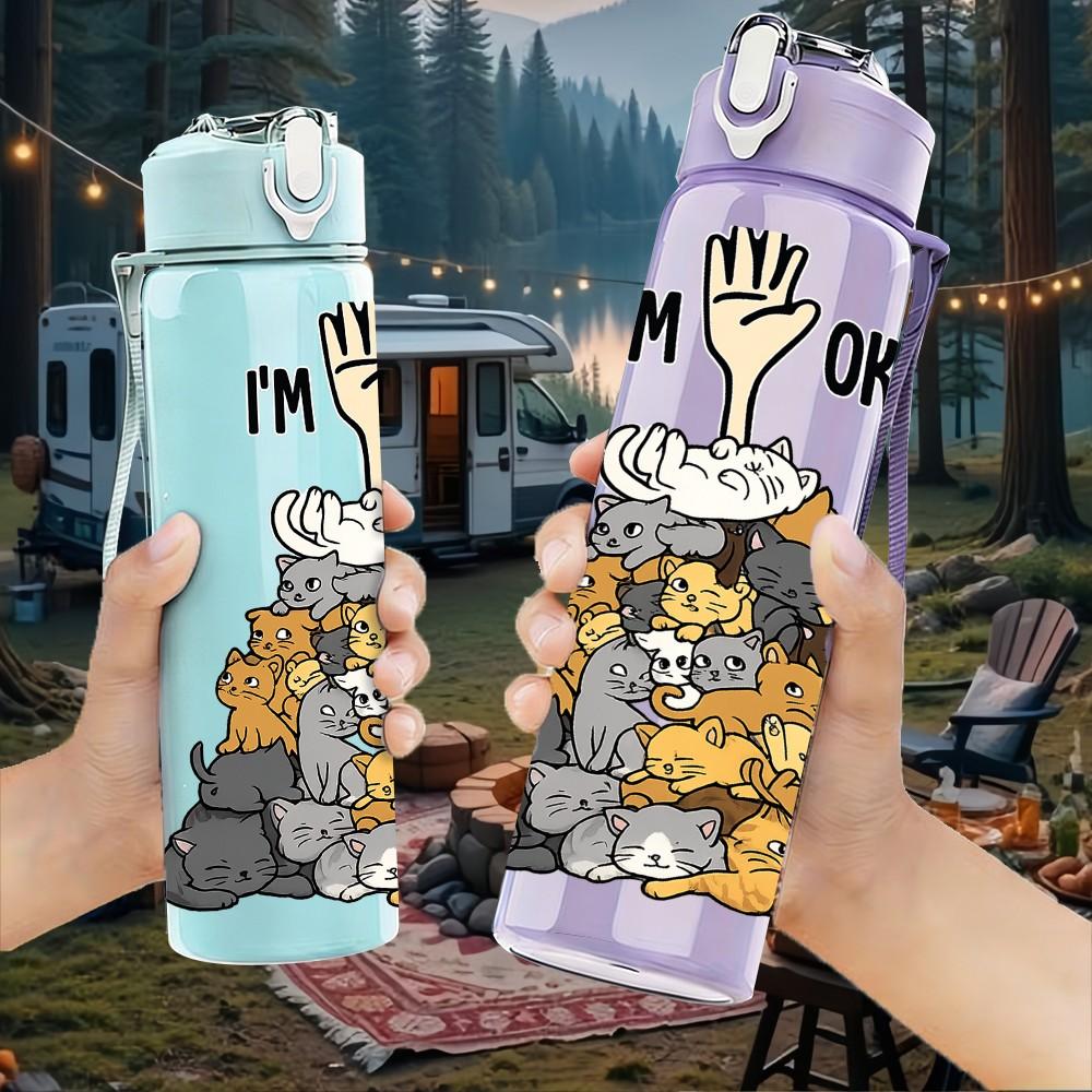 1PC I'm Ok Cat Stack Funny Print 750ml Color Plastic Sports Water Bottle Leakproof Flip Straw Lid Suitable for Sports Office Home Use