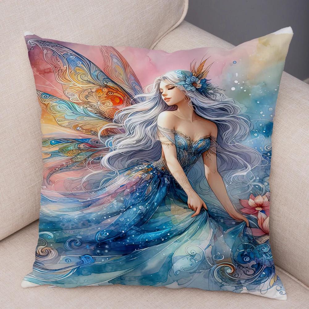 Niedlicher Cartoon Waldmädchen Elfen Kissenbezug Doppelseitig bedruckter Kissenbezug Deko für Sofa Zuhause Superweicher Plüsch Kissenbezug 40x40cm
