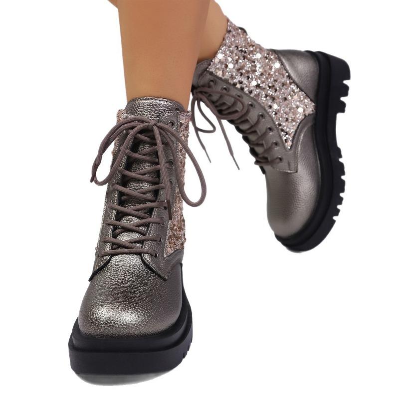 New Large-sized Shoes Women's Shoes, Round-toed Thick-soled Lace-up Fashion Boots