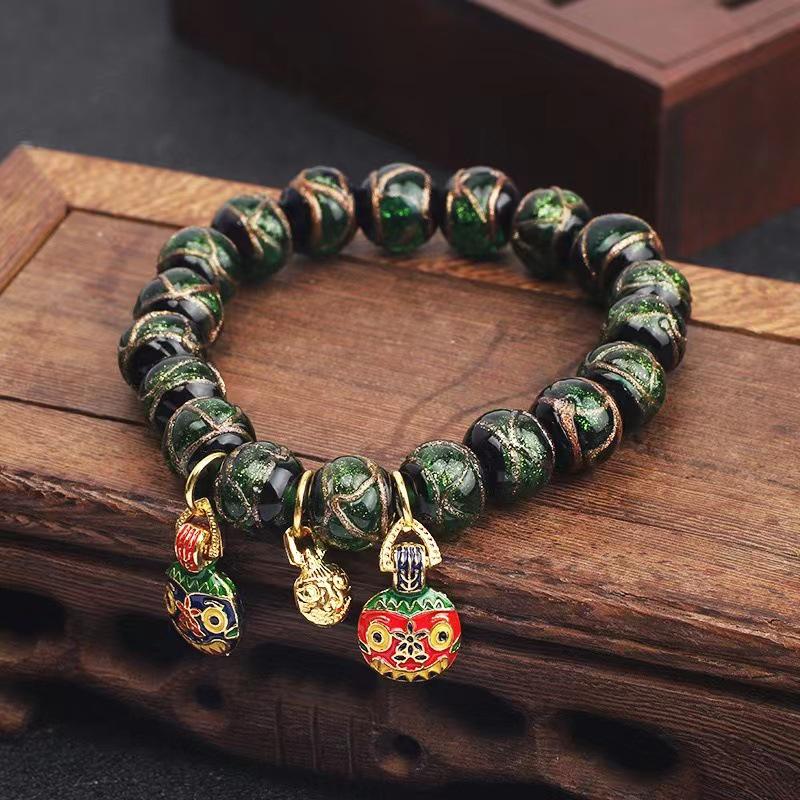 Multicolored Incense Ash Glazed Handcrafted Beaded Bracelet with Swallowing Gold Beast Design for Five-Color Benming Year