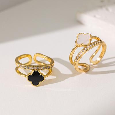Gold Four Leaf Clover Ring for Women,Lucky Four-Leaf Clover Cubic Zirconia Adjustable Double Layer Open Ring