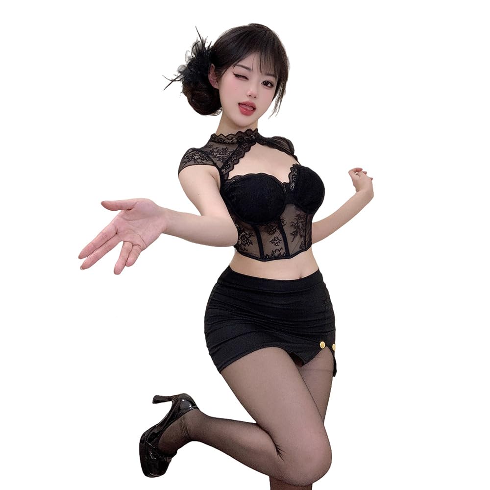 

Sexy Office Female Extreme Mini Tight 3 Piece Top and Bottom One Size Fits Most [YUEEI] Secretary, Lady, Teacher, Open-chested, Lace, See-Through,