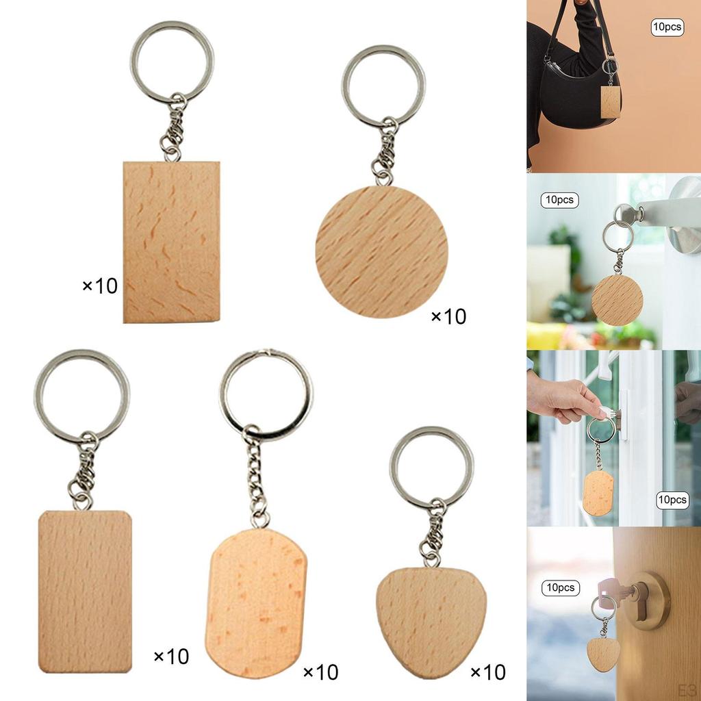 10Pcs Unfinished Wood Keyring Wooden Keychain Ornament Accessories Key Chain Bulk Decoration Craft