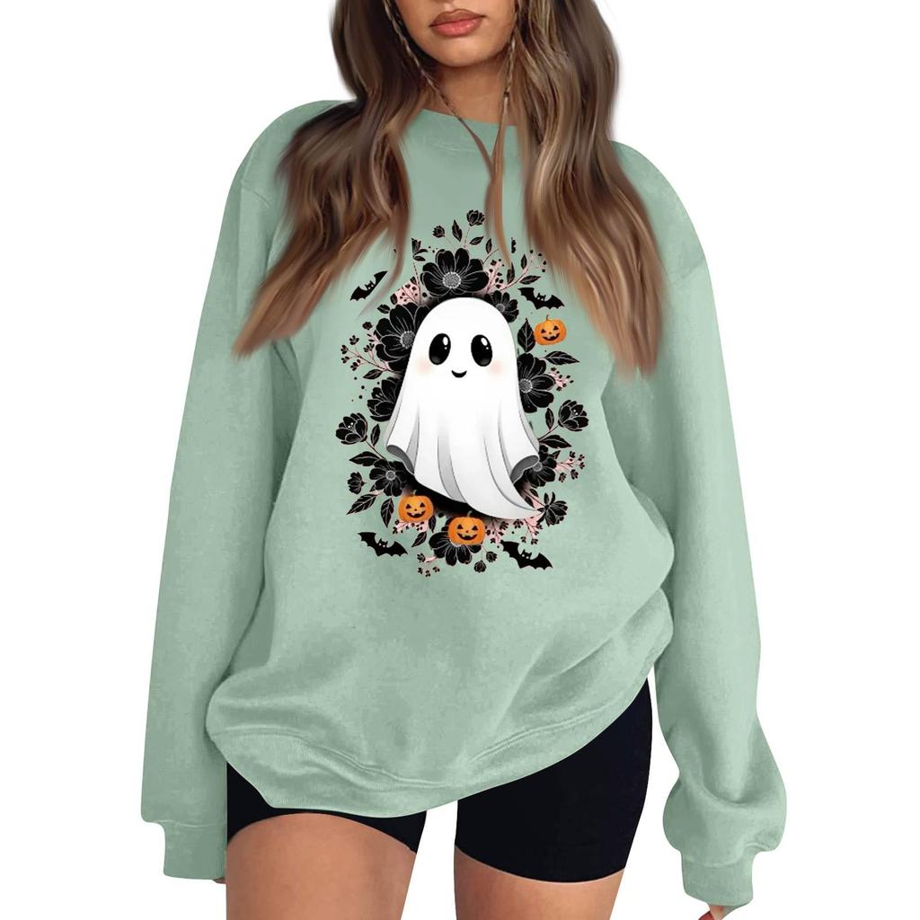 Women's Neck Long Sleeve Loose Fit Casual Sweatshirt Pullover Top with Halloween Print