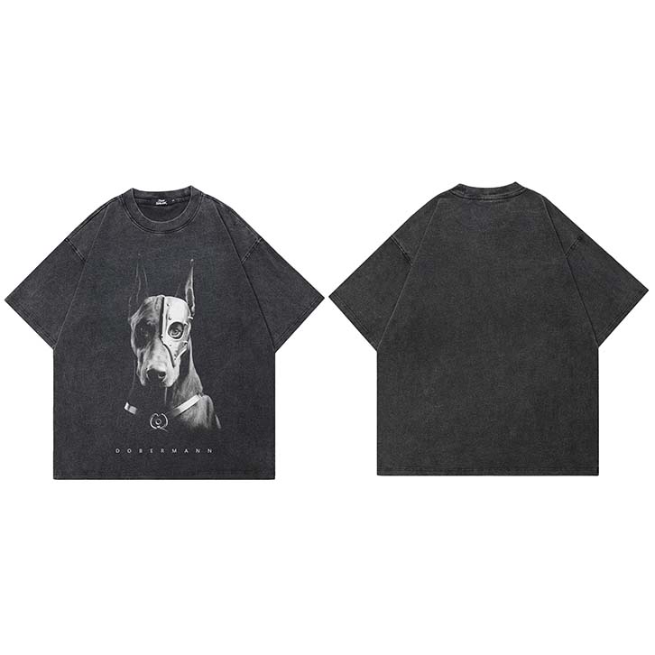 Hip Hop  Retro Washed Black TShirt Streetwear Masked Doberman Dog Graphic T Shirt Cotton Men Tshirt Unisex Tops Tees Dope S