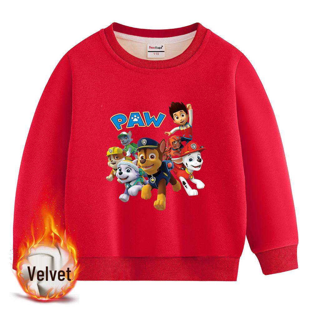 Paw Patrol Boys' 2025 Autumn Korean Style Plus Velvet Hoodie - Round Neck Pullover