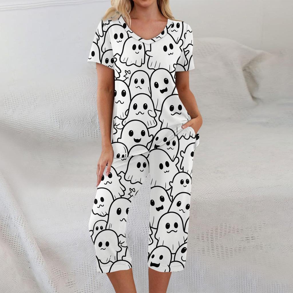 2 Piece Sets For Women Short Sleeve Top And Pants With Pockets Workout Soft Halloween Print Sets
