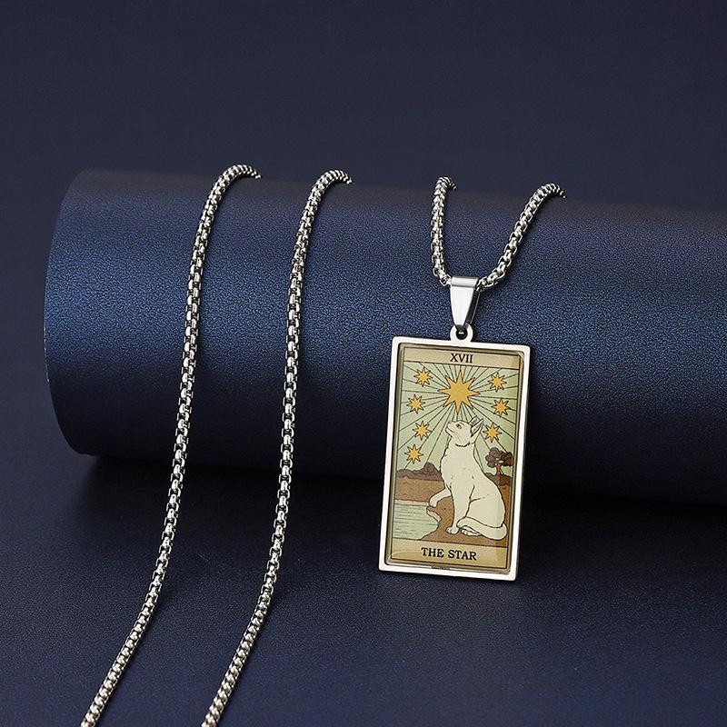 Stainless Steel Epoxy Cat Tarot Card Pendant Necklace For Men Boys Animal Divination Jewelry
