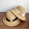Pălărie Nouă Trendy Elegantă din Rafie cu Bor Îndoit și Bandă de Satin Pălărie de Soare Casual pentru Plajă Femei Vacanță de Vară Boho Nuntă Șepci de Exterior