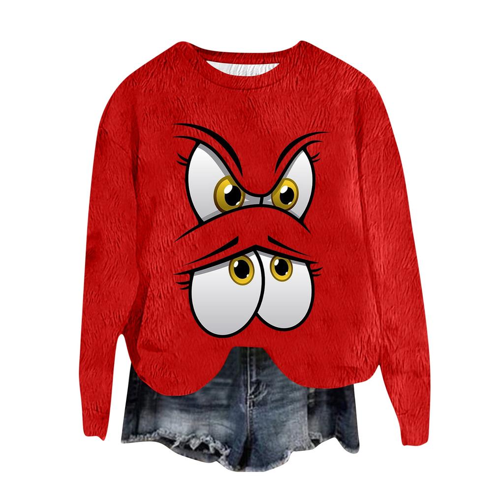 Women's Fashion Round Neck Pullover Top Long Sleeve Tee Christmas Printed Sweatshirt