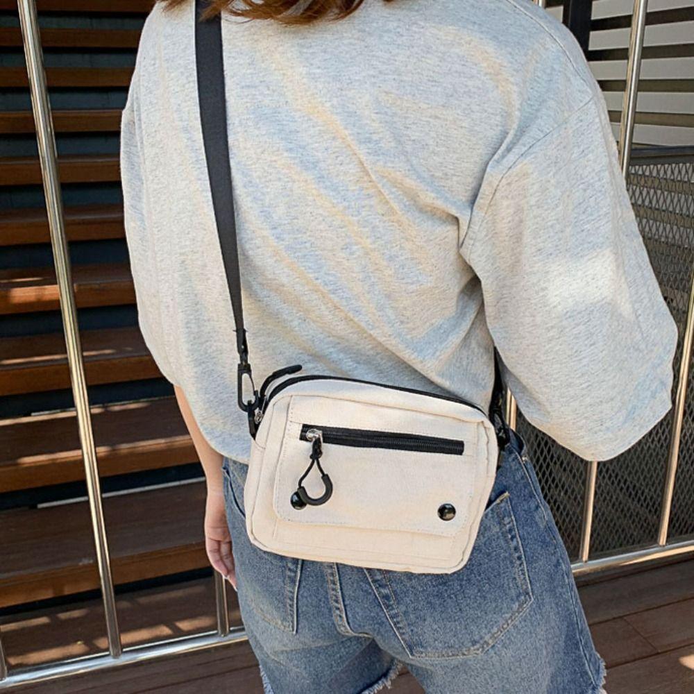 Korean Pure Color Canvas Shoulder Bag Zipper Canvas Messenger Bags Multifunctional Mobile Phone Bag Student