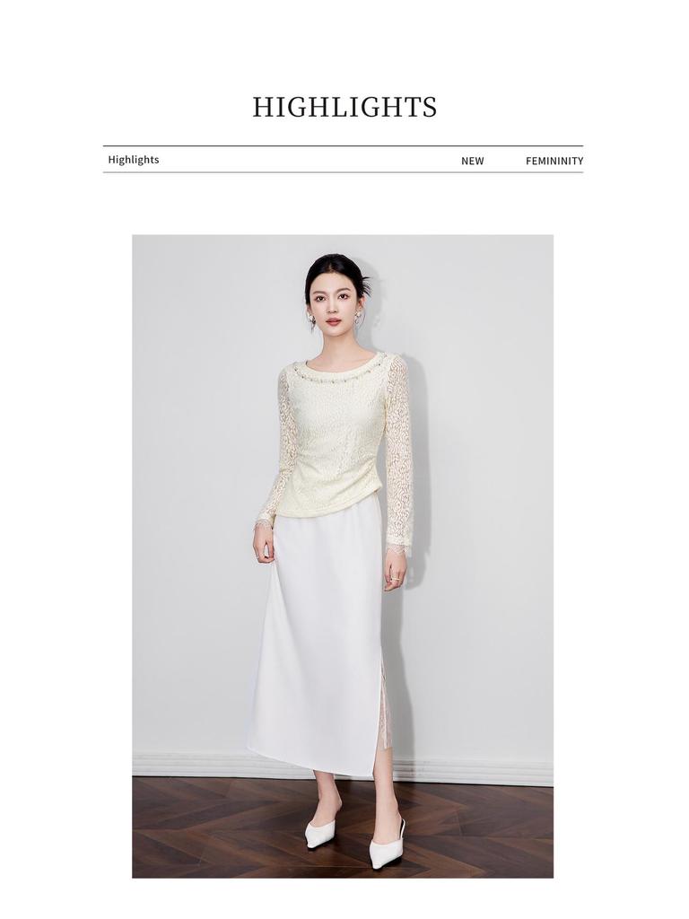 Nanyou Elegantes Französisches Ein-Schulter Perlen-Spitzen-T-Shirt