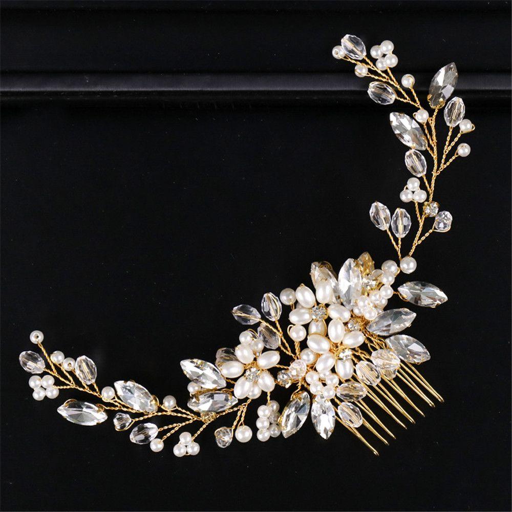 Gold Silver Wedding Pearl Rhinestone Hairbands Tiara Headpiece Flower Hair Comb Shiny Flower Clip