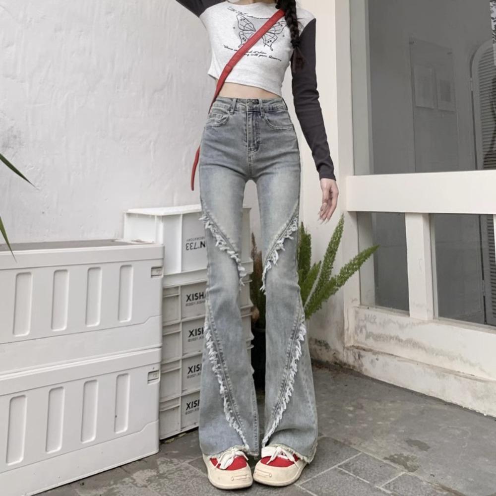 Street tassel rough edge splicing high waist micro pull jeans spring and autumn new slim flared horseshoe jeans