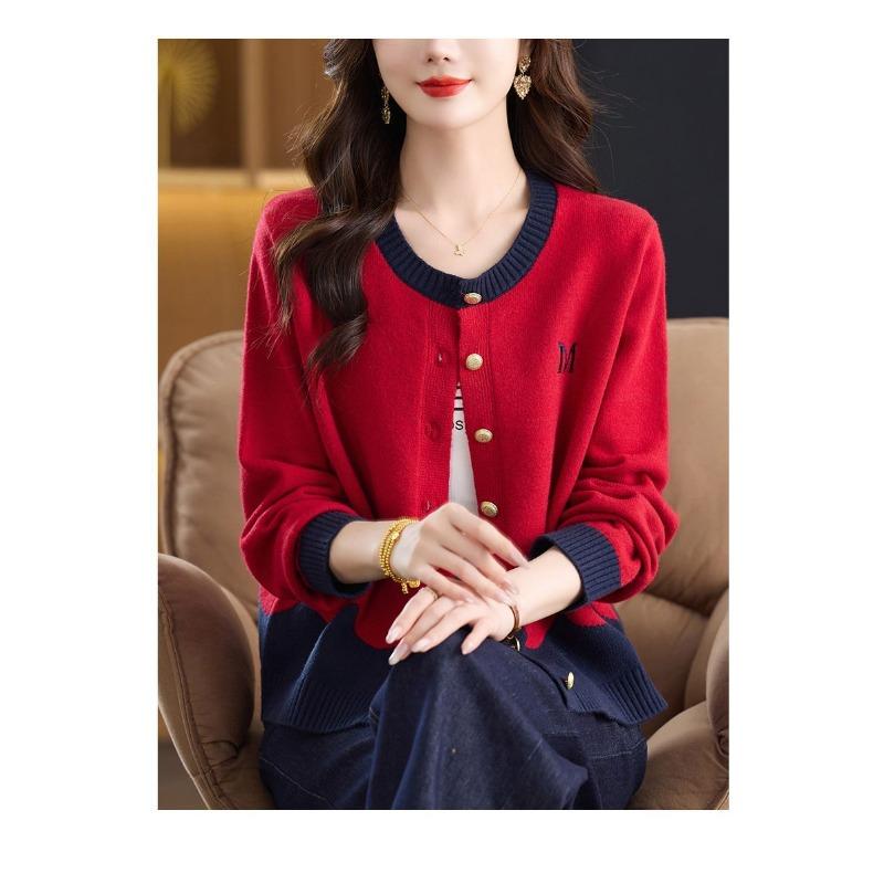 

Кардиган в стиле колорблок для женщин 2025 Новый осенний дизайн Универсальный и стильный свитер с круглым вырезом Свитер-жакет S красный