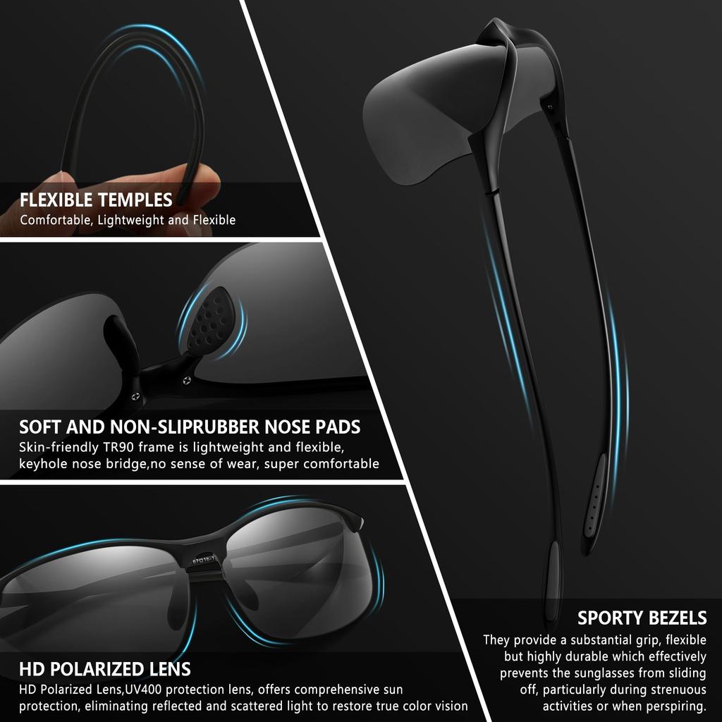 SUNGAIT Polarized Sports Sunglasses for Sunglasses with Fashionable UV Protection Men's Running, Unisex, Black, Men's Shades, (Black Frame/Gray Lens)