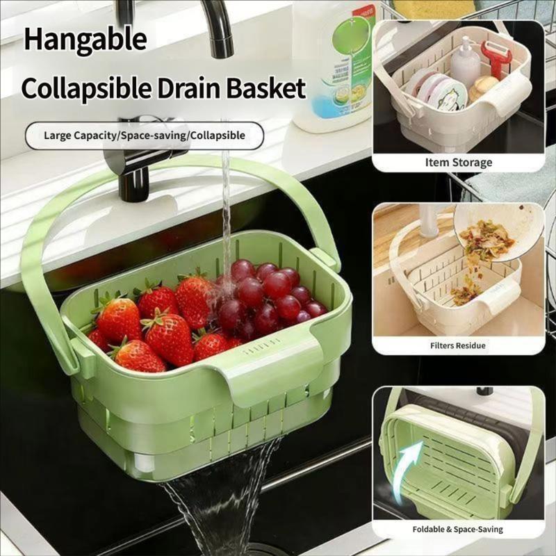 Hanging Sink Storage Basket, Expandable Drain Basket Set for Sink-Side Draining, Produce Washing, and Sponge Storage, Space-Saving Plastic Design, Set