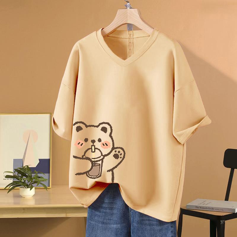 

Short-sleeved T-shirt for Women, Large Size, Loose and Slimming, Printed V-neck Top 5XL абрикосовий