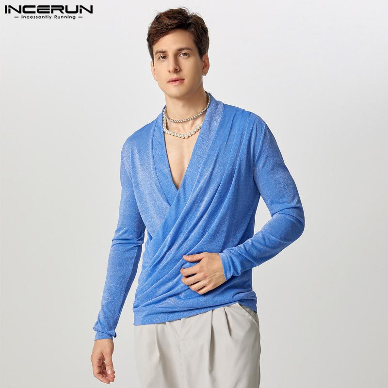 INCERUN Men V Neck Long Sleeve Glitter Front Cross See Through Tops T-shirts