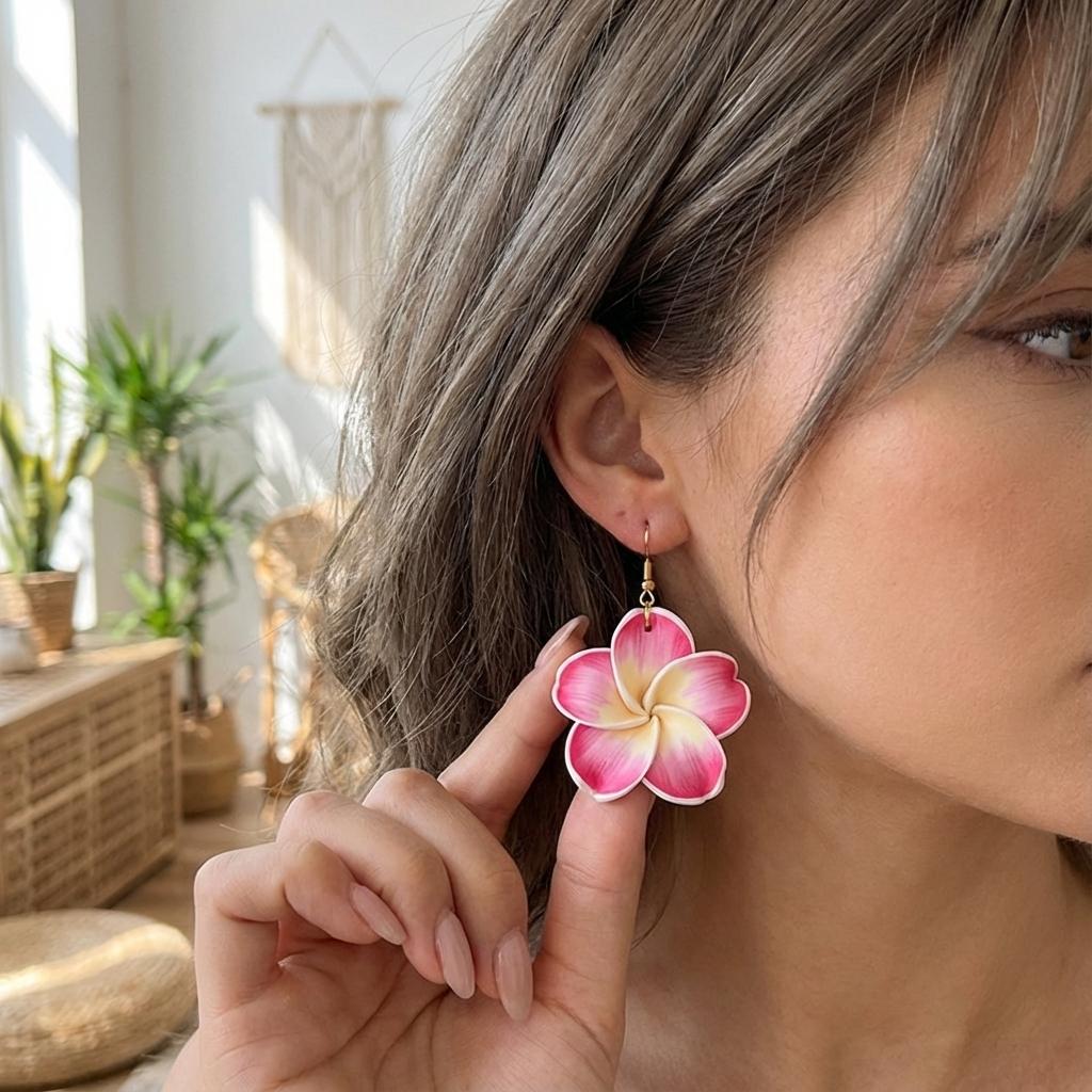 Trendy Handmade Polymer Clay Plumeria Drop Earrings for Women Romantic Pink Flower Dangle Earrings Boho Summer Beach Jewelry