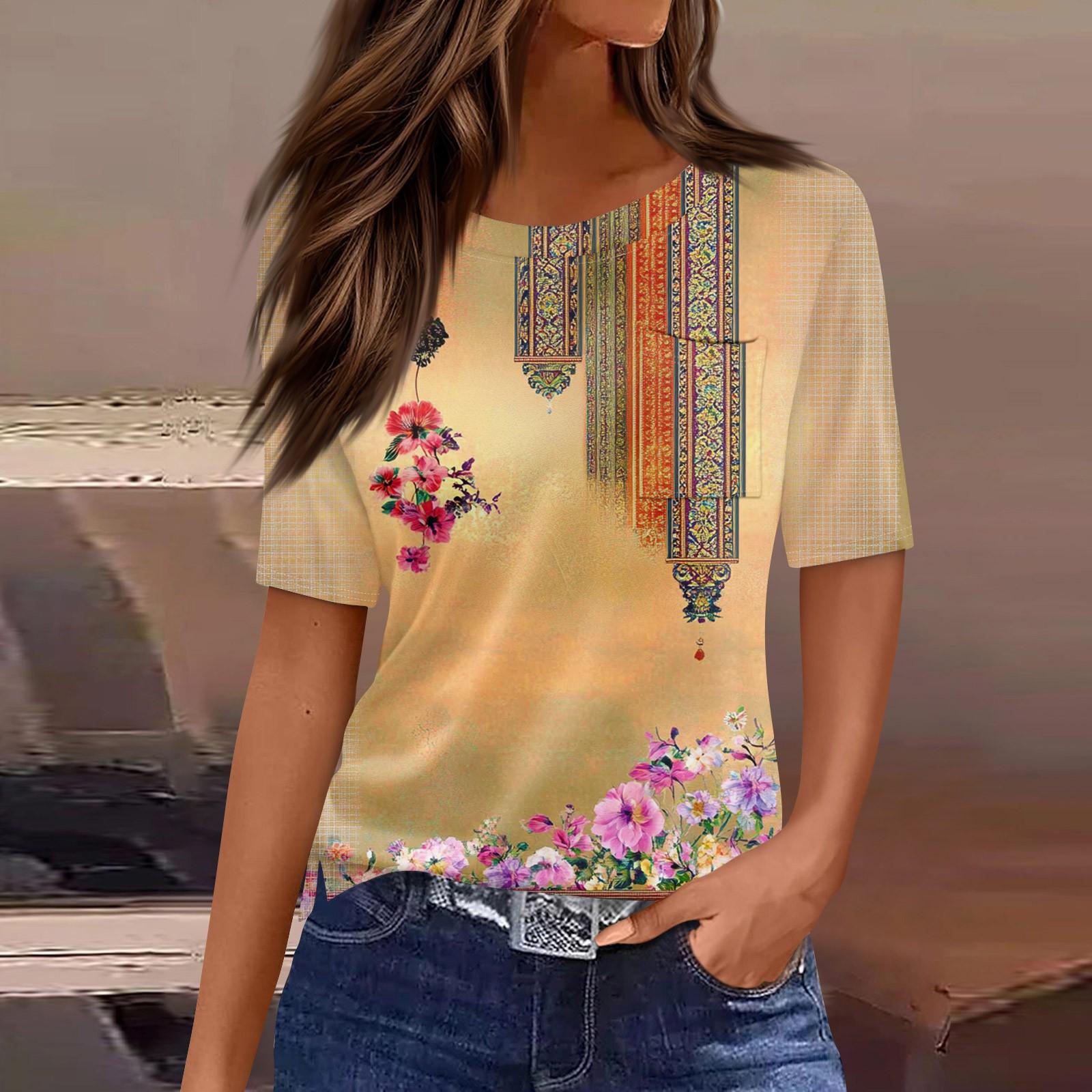 

Жіноча футболка з вінтажним квітковим принтом і короткими рукавами з круглим вирізом і кишенею XXL бежевий