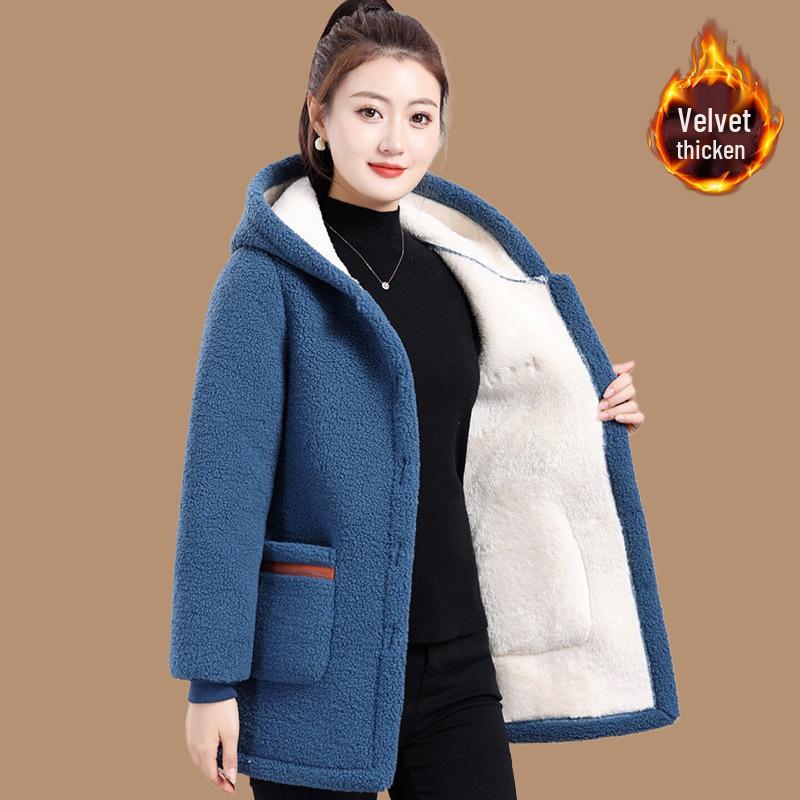 

Зимняя одежда для мамы Флисовое пальто с капюшоном из овечьей шерсти на подкладке для женщин среднего и пожилого возраста XL for 90-105 lbs озеро синий