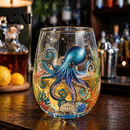 Birthday Souvenir for Ocean Lovers Ocean-Themed Glass Cup, Jellyfish/Dolphins/Sea Turtles/Octopus Hand-Painted, Thickened Drinking Creative Jellyfish