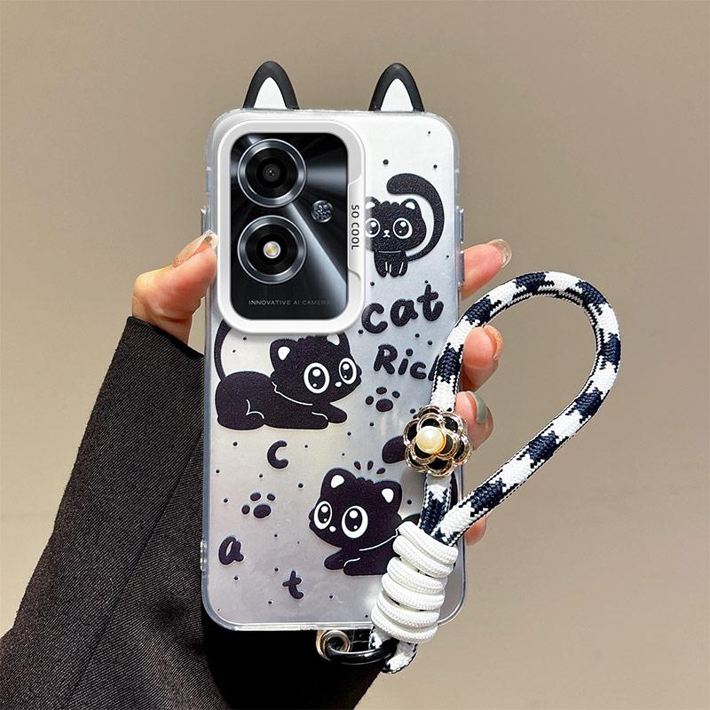 KEYSION Cute Ear Cartoon Case for OPPO A79 5G with Lanyard Soft Silicone+PC Shockproof Phone Back Cover for OPPO A79 5G