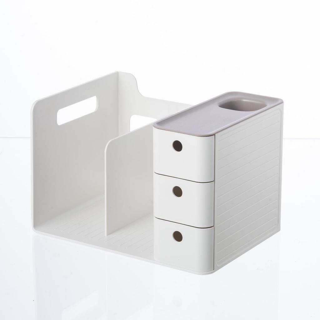 This White Desk Organizer Combines Storage and Book Storage. It Has a Book Stand, Drawer, and Pen Holder, Allowing You To Store Everything from