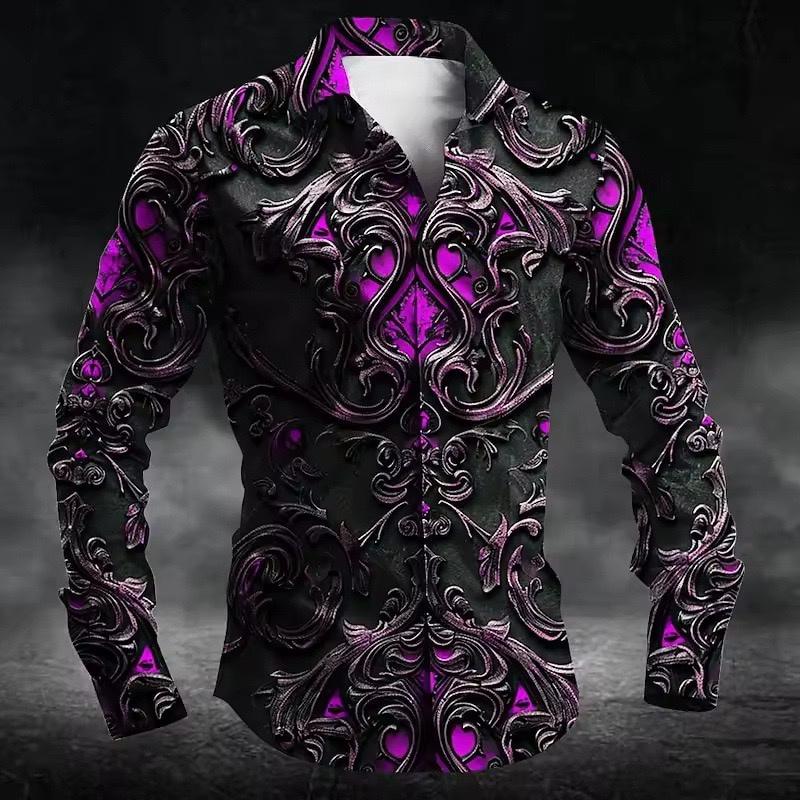 Men's Fashion Retro Textured Print Shirt, Long-Sleeve Lapel Outdoor Street Style Trendy Versatile Men's Top