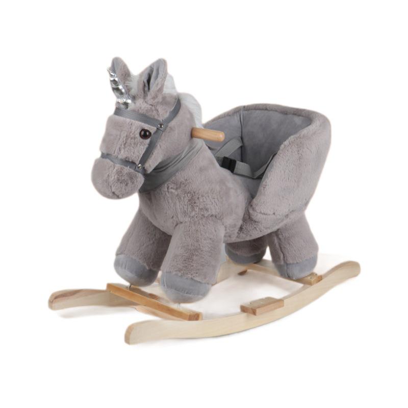 Plush Musical Rocking Horse with Wooden Base, Perfect First Birthday Gift for One-Year-Olds.