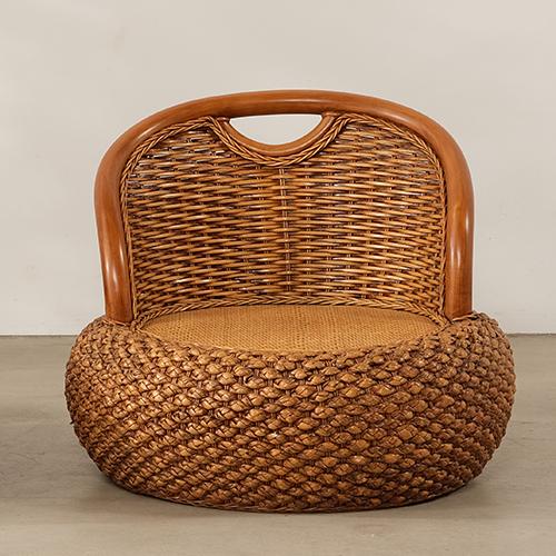 Rattan Weave round Accent Chair Comfort Floor Seat with Backrest Cozy Pouf Ottoman for Balcony Living Room