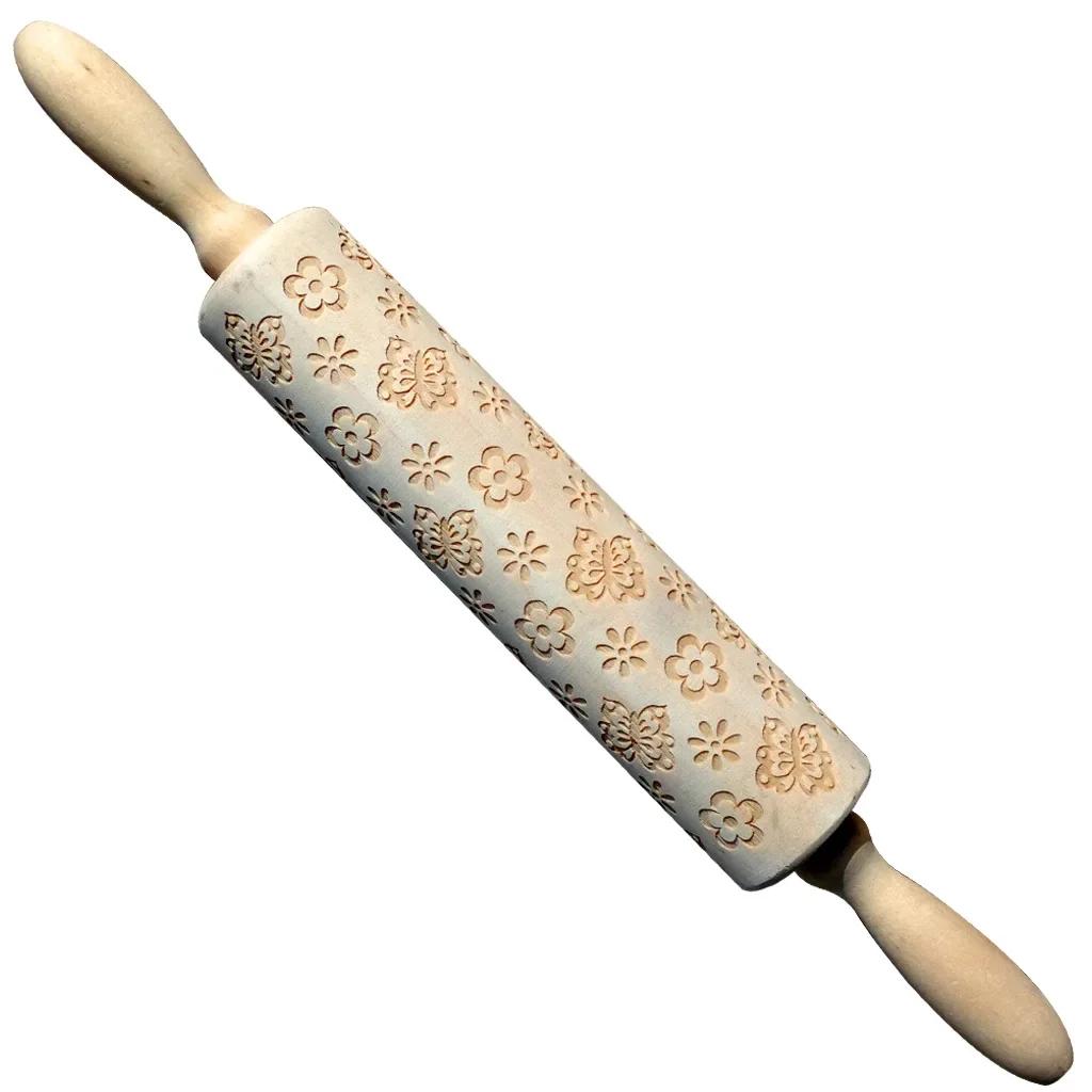 Christmas Decoration Baking Pastry Tool New Year Dough Stick Embossing Roll Pin Laser Wooden Christmas Rolling Pin