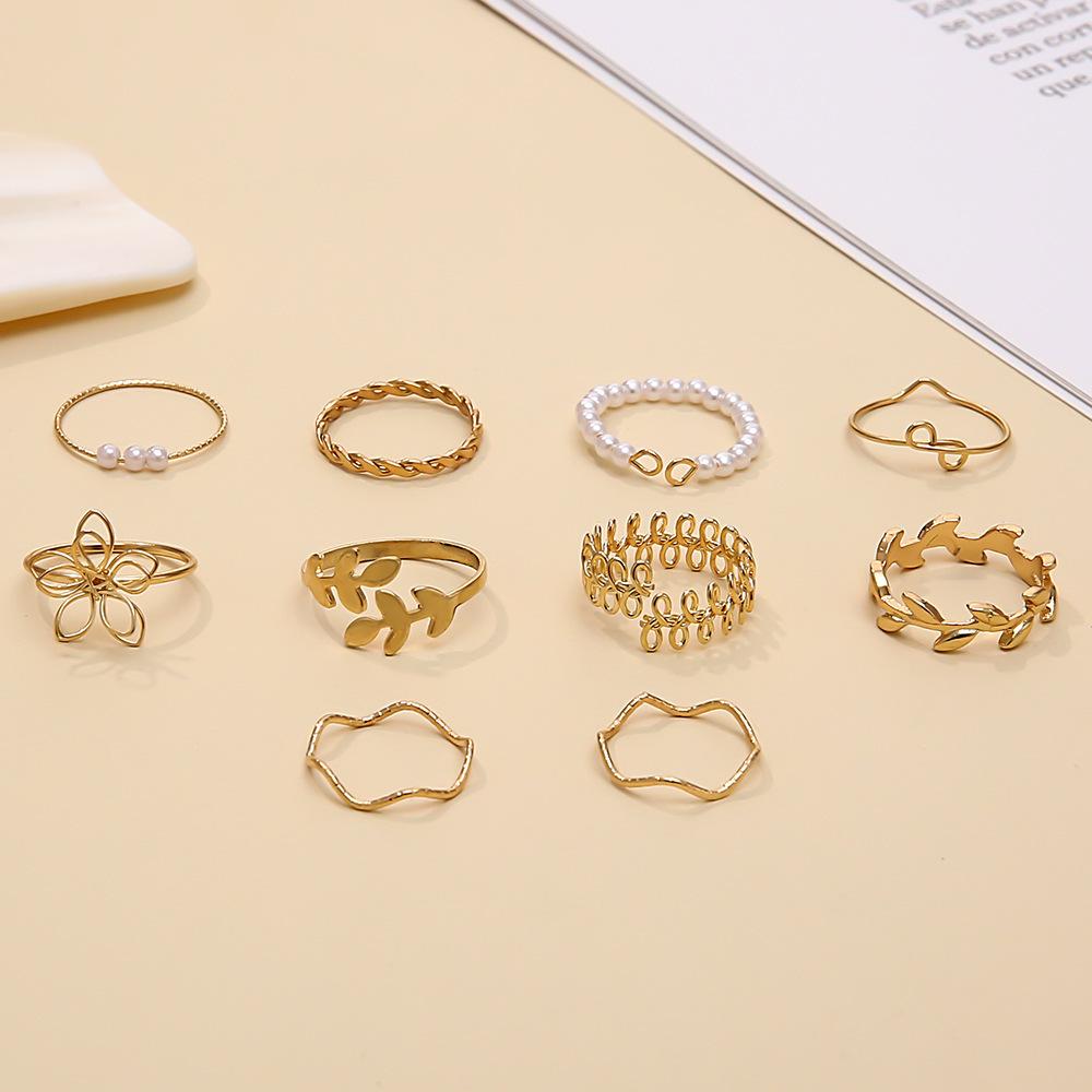 Boho Hollowed Flower and Leaf Rings with Faux Pearls - 10-Piece Set
