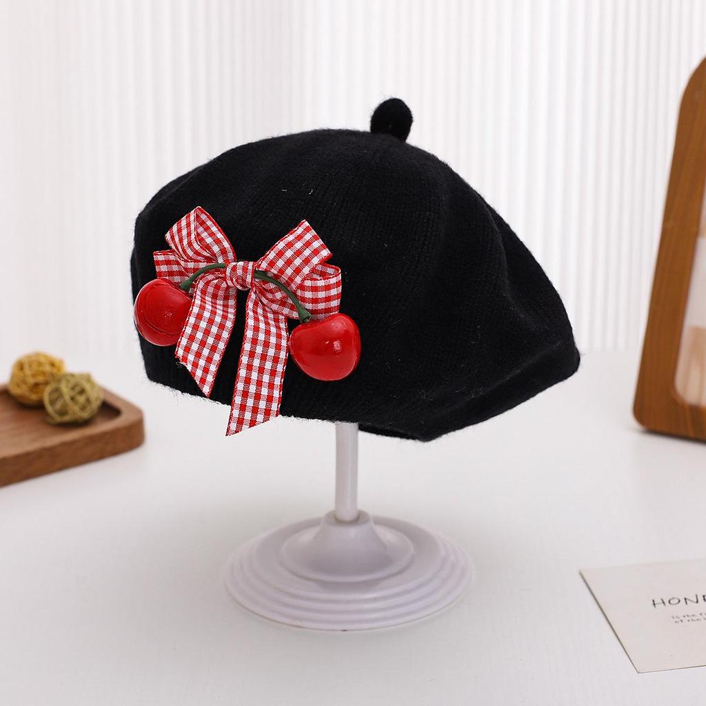 Charming Woolen Beret with Bow & Cherry for Kids - Autumn & Winter Solid Color Hat