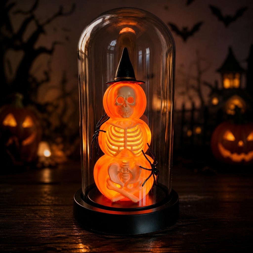 Halloween Pumpkin Skeleton Figurine Decoration Under Glass Dome with Spider Accents Battery Operated Halloween Scene Prop for Seasonal Display