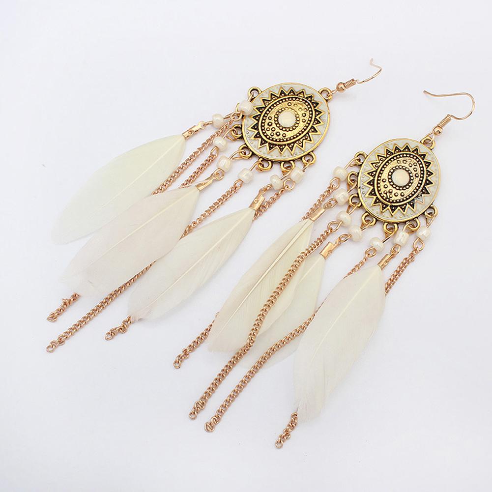Women Bohemian Faux Feather Earrings Retro Ethnic Style Tassel Long Drop Dangle Earrings Jewelry Gifts For Girls