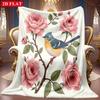 1pc 2D Blue And Yellow Little Bird And Pink Rose Theme Pattern Flannel Blanket, Soft HD Digital Print, Cooling Blanket All-Season Use! Soft And Breath