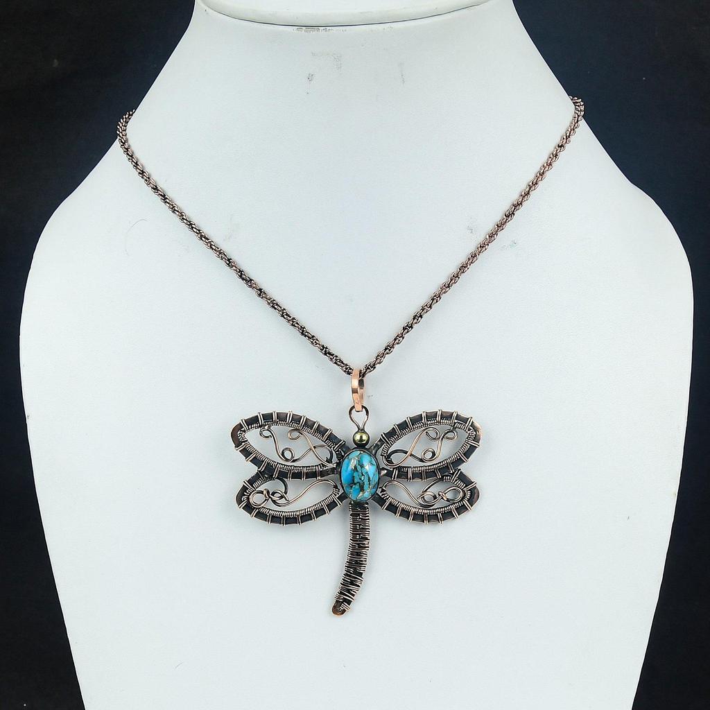 Blå kopparturkos Handgjord Ädelstenshänge, 999 Koppartråd lindat Hänge Antika Smycken, För Förlovningsgåva